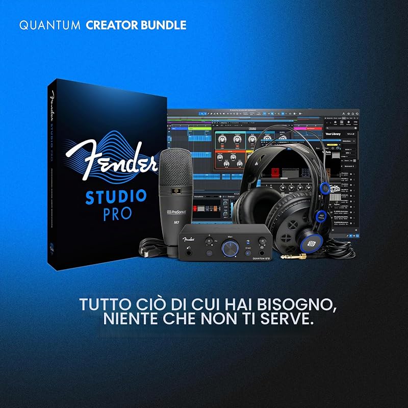 Quantum Creator Bundle | Kit di registrazione home-studio con interfaccia USB-C Quantum LT 2, supporto microfono, Fender Studio Pro, Pacchetto studio per principianti