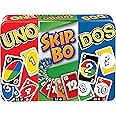 Mattel Games Set of 3 Card Games with UNO, DOS Second Edition & Skip-Bo in Storage Tin Box for Family Nights, Parties, Travel, Camping & More
