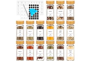 16 Pack 4oz Glass Spice Jars with Bamboo Lids,Clear Square Spice Containers Bottles with Shaker Lids,120 Spice Labels,1 Funne