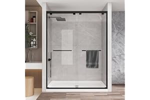 KPUY Glass Shower Door, 55-60" W x 76" H Semi-Frameless Double Sliding Shower Door, 1/4" (6mm) Thick Tempered Clear Glass with Explosion-Proof Film Nano Coating, Matte Black