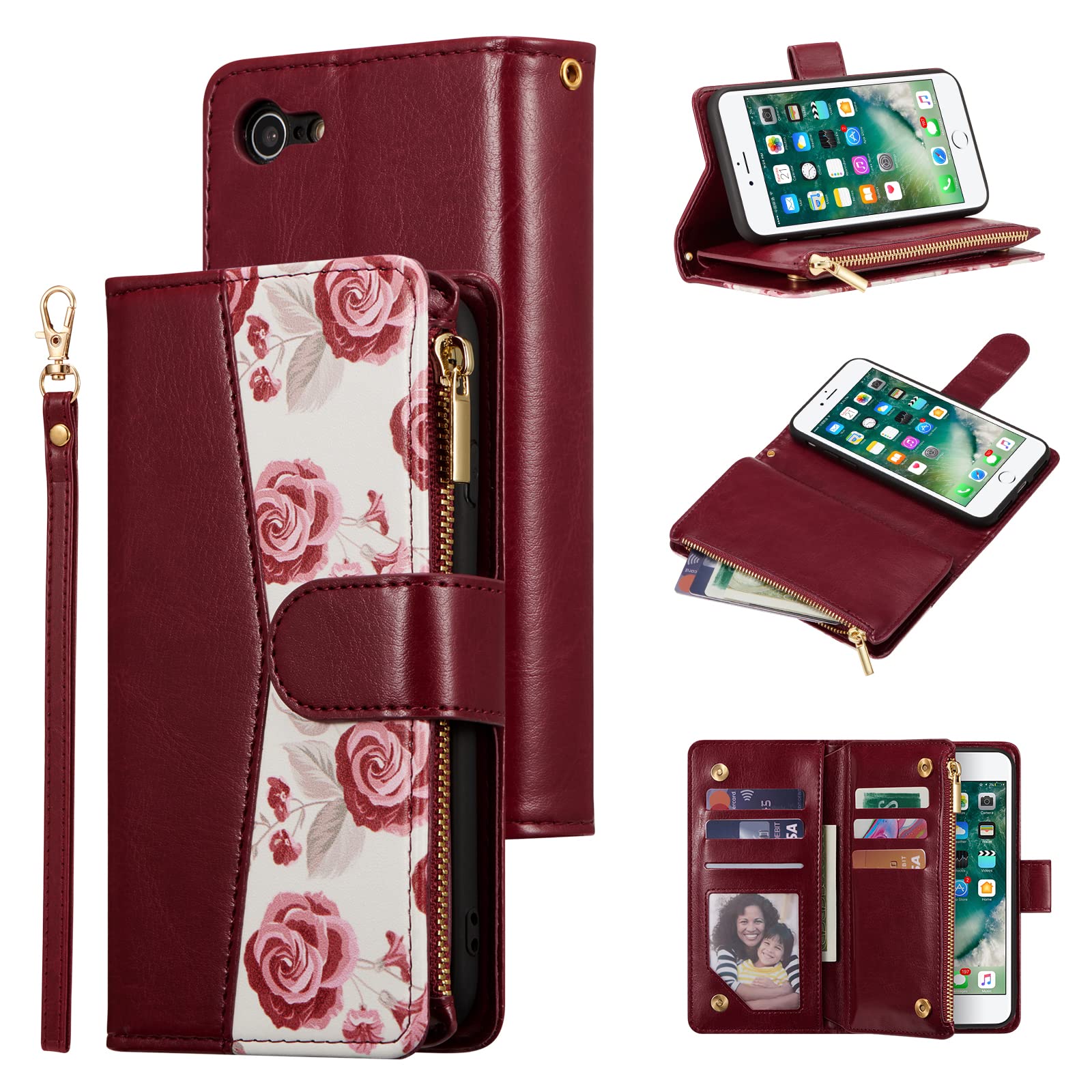 UEEBAI Wallet Case for iPhone 7/8/SE 2022 5G/SE 2020, PU Leather Flip Case Magnetic Closure Phone Cover Card Slots Zipper Pocket Hand Strap Unique Roses Design - Flower Red Wine — image 1
