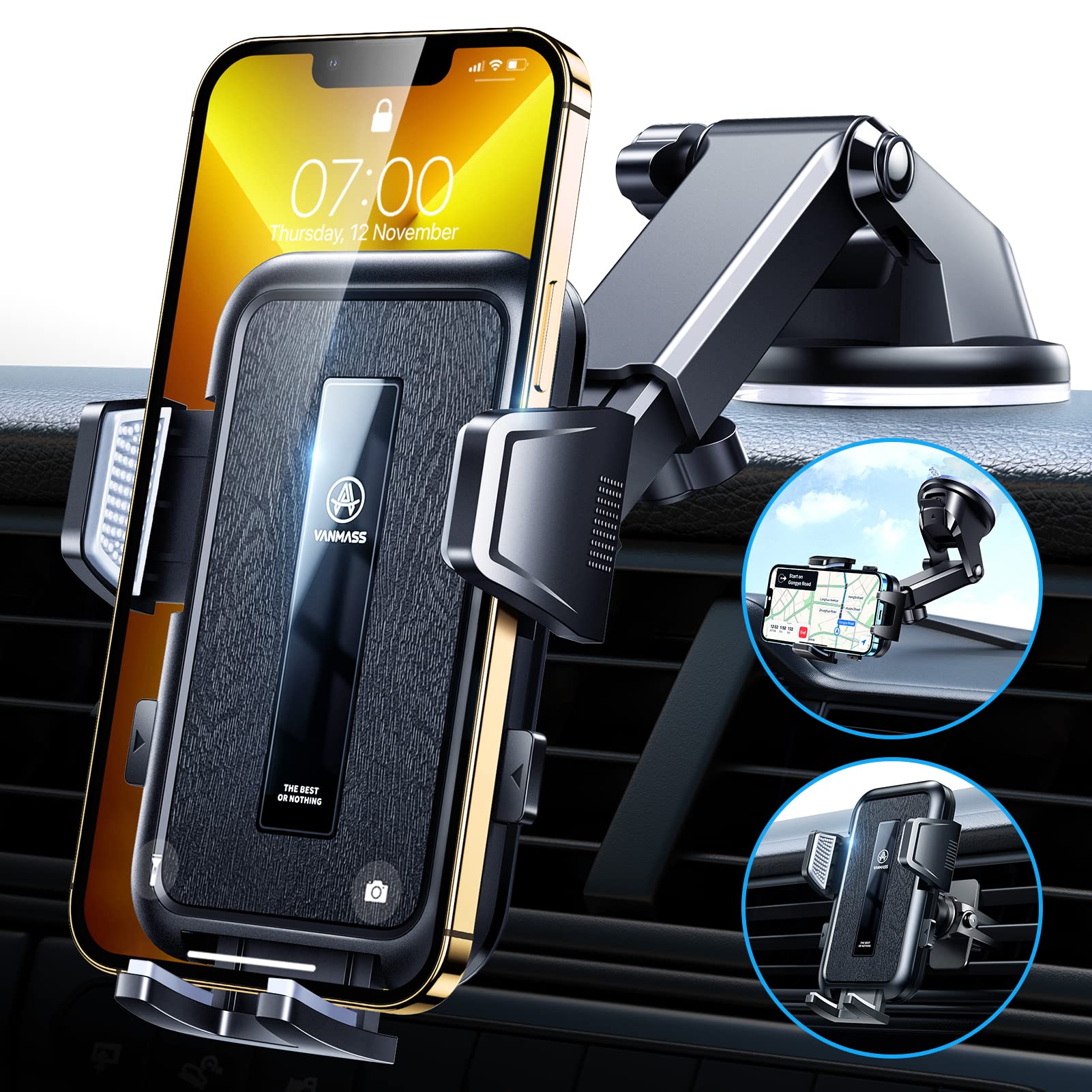 VANMASS High-end Max Upgrade Car Phone Holder【Large Phone & Thick Case Friendly】 Super Suction Mobile Automobile Cradle Van Dashboard Windscreen Vent Mount for iPhone 17 Pro Max 16 15 14 13 Samsung