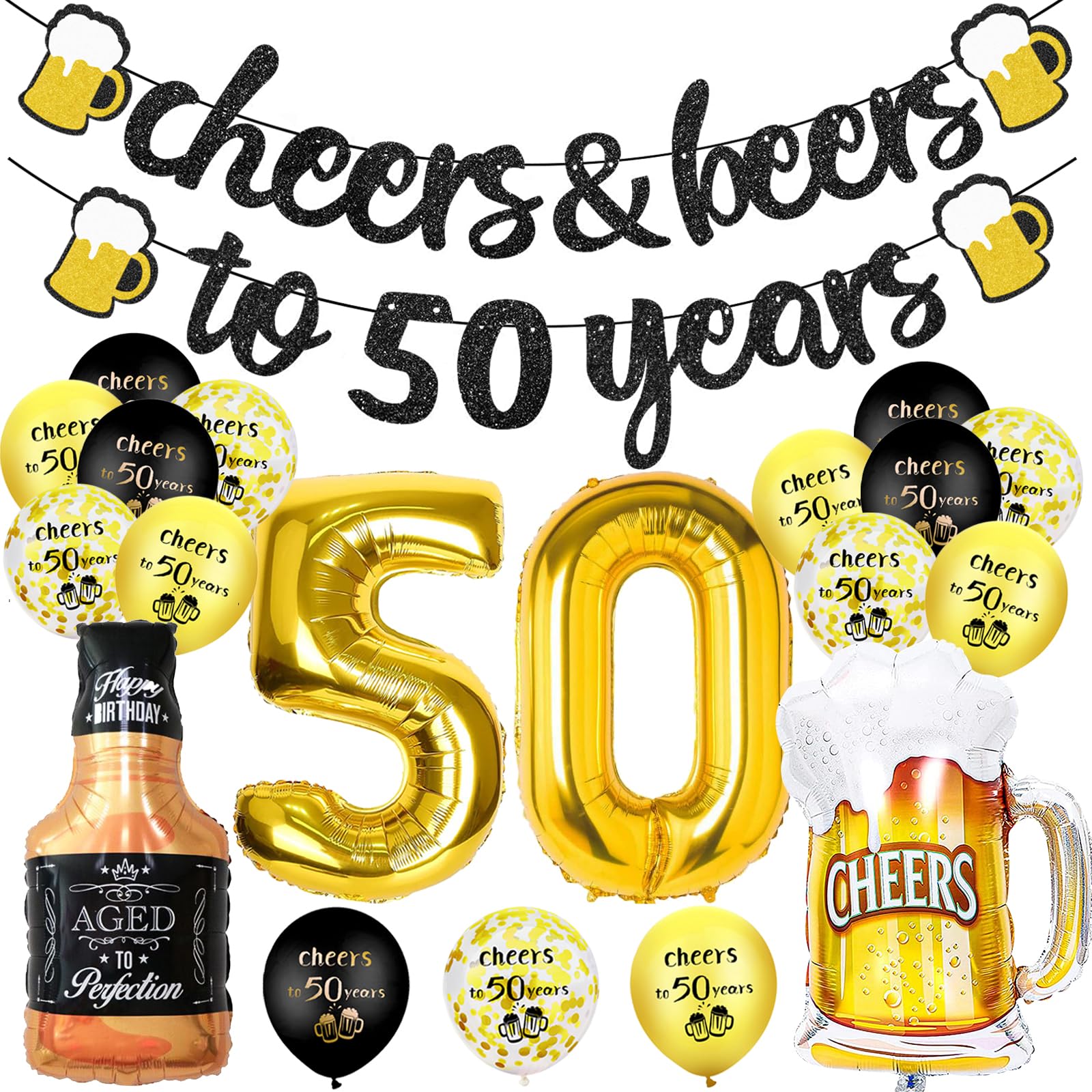 50th Birthday Decorations, Party Decorations with Cheer Banner, Number 50 Foil Balloons, 50th Sign Black Balloons, Champagne Cups Foil Balloon, Happy Birthday Decor for Women Men