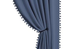 StangH Stone Blue Blackout Curtains 84 inch for Living Room/Patio Sliding Door, Pompom Thermal Insulated Door Panels for Bedroom, Nursery Kids Home Decoration, W52 x L84, 2 Panels