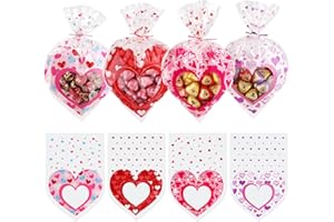 HOIIOH Valentine Treat Bags, 100 Pack Heart-Shaped Clear Cellophane Candy Bags 12.6 x 8.3 Inch with Twist Ties, Valentine Cla