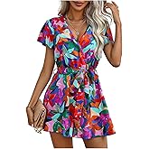 Milumia Women's Colorblock Floral Short Sleeve Romper Belted Waist Boho Shorts Jumpsuit