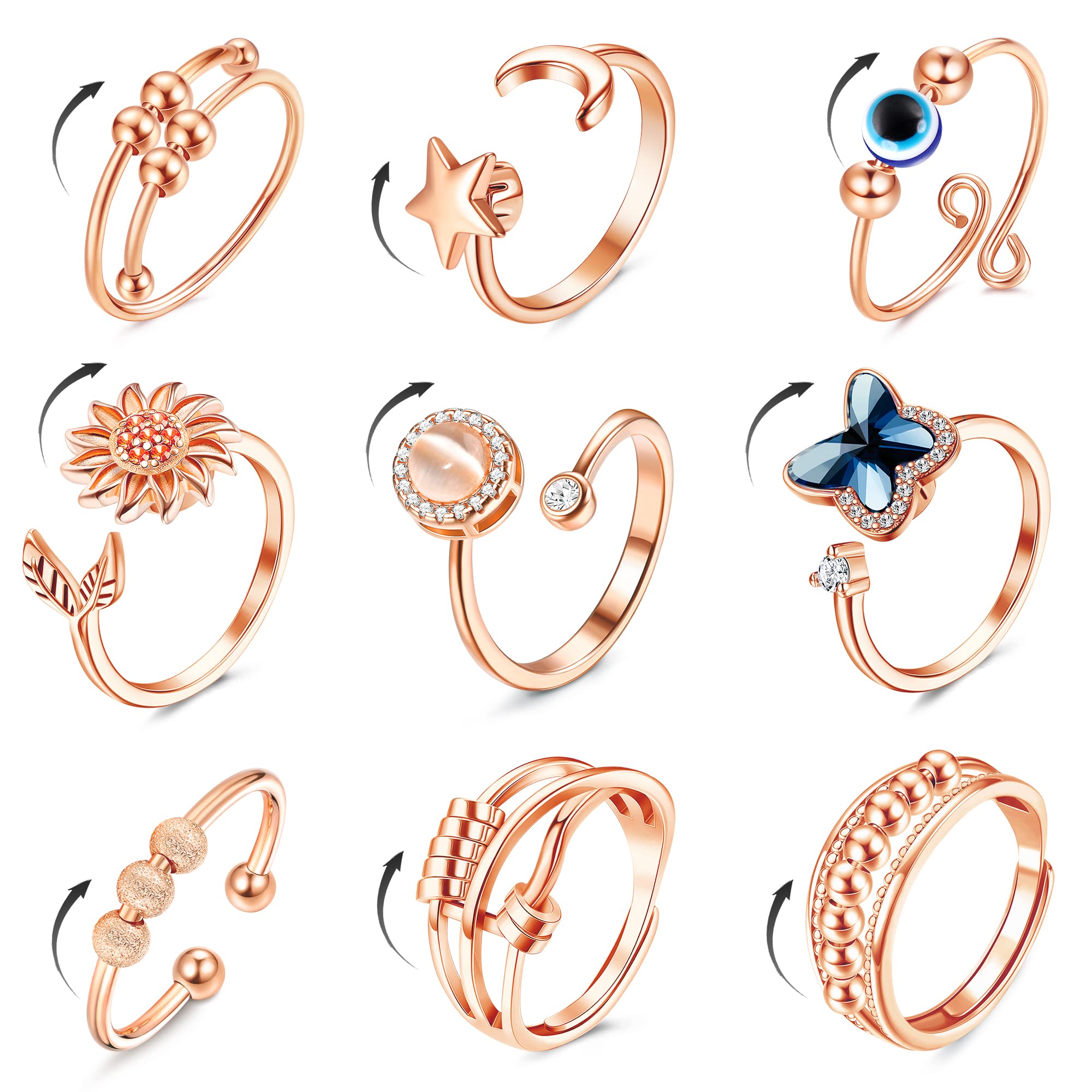 FIBO STEEL 9 Pcs Fidget Anxiety Rings for Women Men Spinner Rings for Anxiety Relieving Stress Open CZ Flower Moon Star Anti Rotatable Rings Adjustable