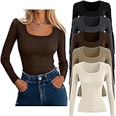 Velvelhall 5 Pack Women's Ribbed Long Sleeve Tops Scoop Neck Cotton Shirts Slim Fit Knit Undershirts Casual Fall Basic Layer