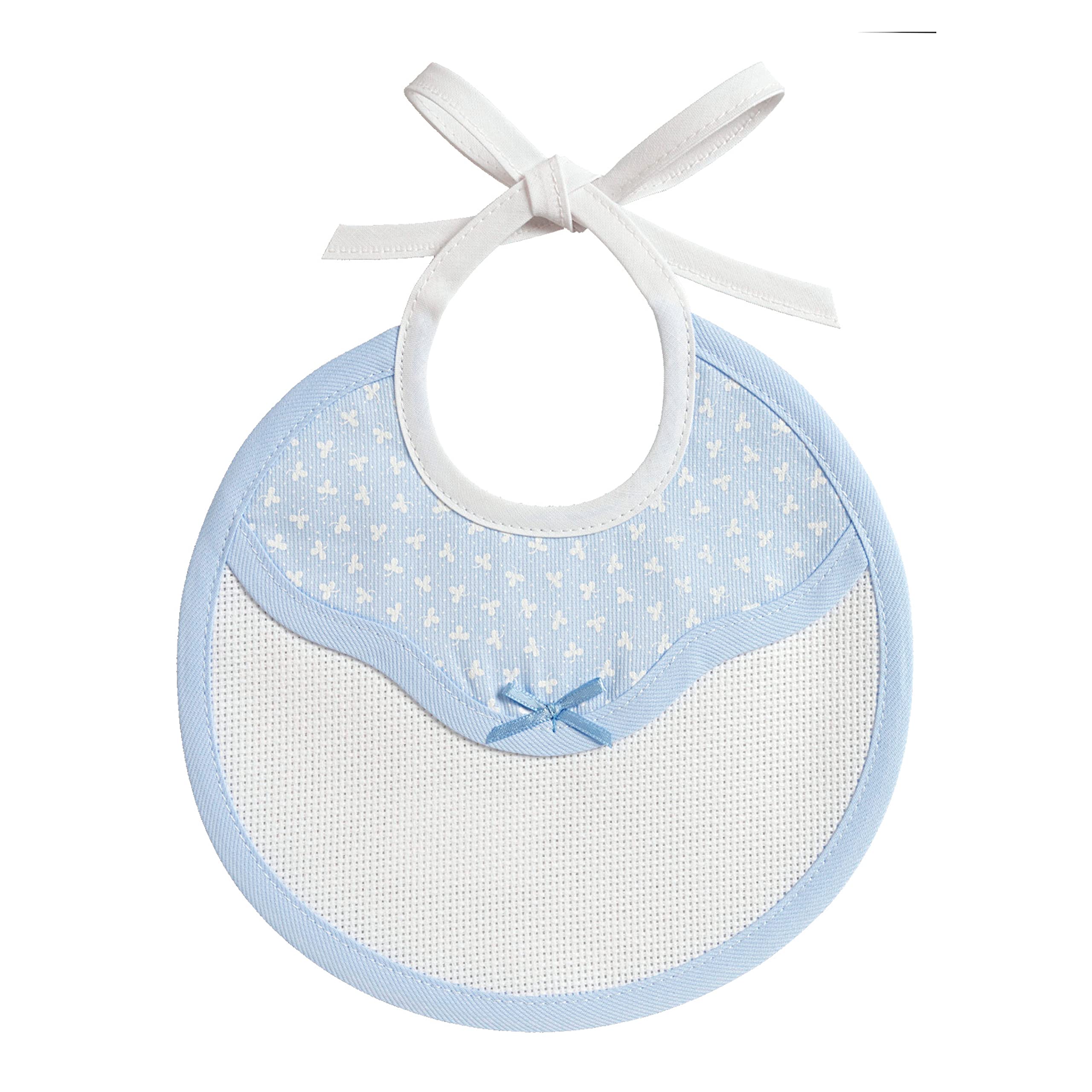 FILET - Round Bib with Aida Insert for Embroidery, Made of Cotton Pique with Shamrock Print, Ideal for Newborn Babies, 100% Made in Italy, size 20x20 cm, Light Blue Colour