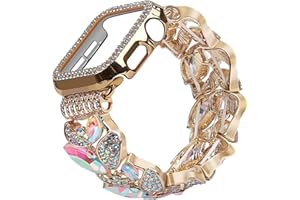 VIQIV Bling Dressy Bracelet with Case Compatible with Apple Watch Bands 38/40/41/42/44/45/49mm for Women Strethy, Cute Slim Metal Wristband Strap for iWatch Ultra 2/Ultra Series 9/8/7/6/5/4/3/2/1/SE