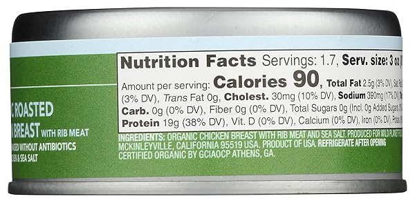 WILD PLANET ORGANIC ROASTED CHICKEN BREAST WITH RIB MEAT, SKINLESS AND BONELESS, SEA SALT, FREE RANGE, NON-GMO, GLUTEN FREE, KETO AND PALEO, 5 OUNCE SINGLE UNIT/CAN