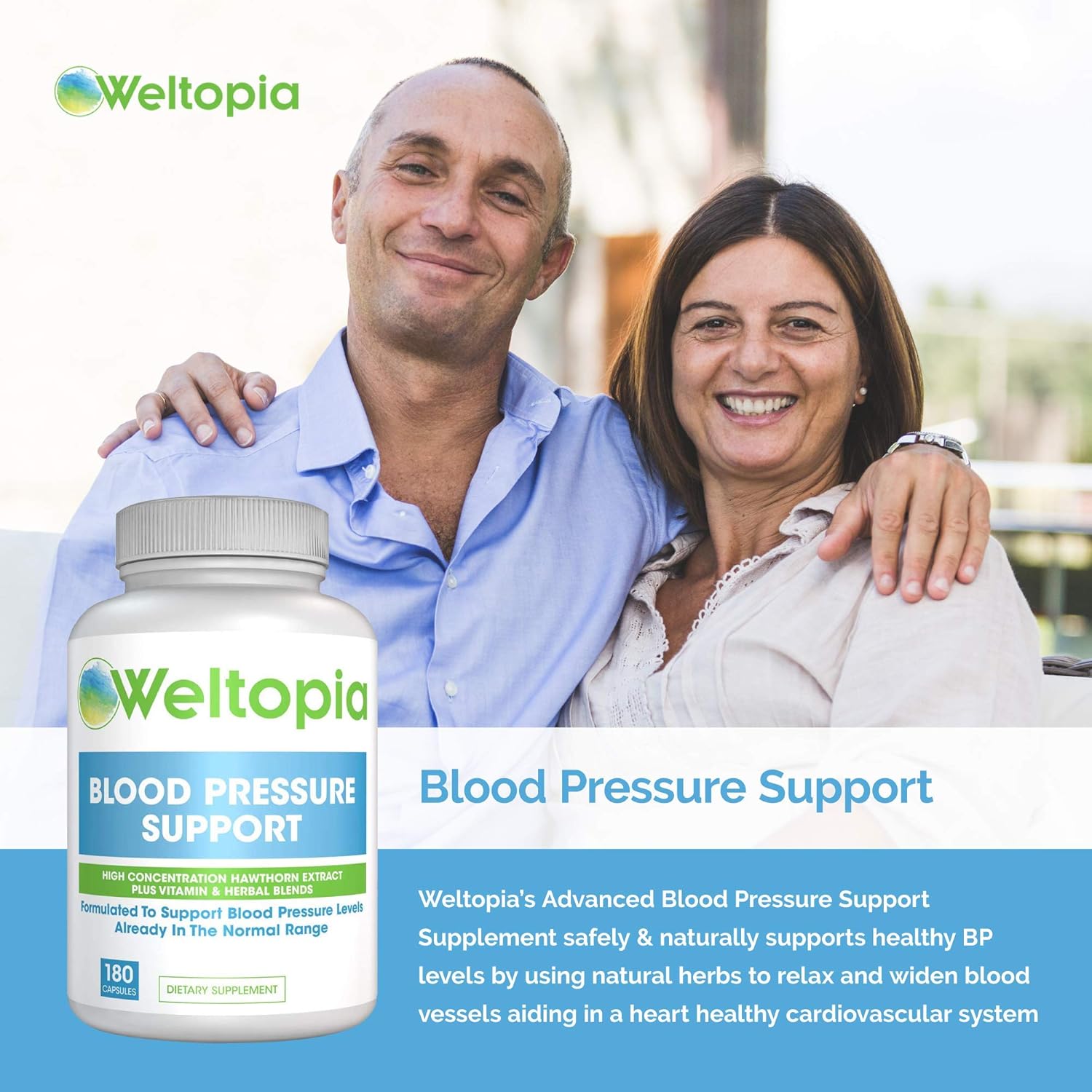 Weltopia - Advanced Blood Pressure Support - 180 Caps - High Concentration Hawthorne Extract, Plus Vitamins, Olive Leaf, Garlic Extract & Hibiscus Supplement: Health & Personal Care