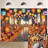 Day of the Dead Backdrop Dia De Los Muertos Banner Marigold Floral Backdrop | Day of the Dead cemetery illustration with vivid colors, lanterns, marigolds and candles.