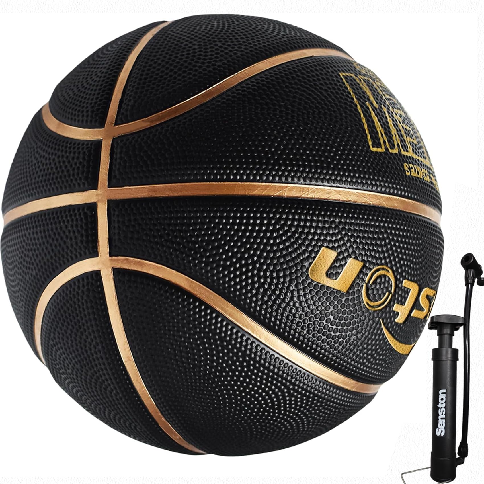 Photo 1 of Senston 29.5'' Basketball Outdoor Indoor Rubber Basketball Ball Official Size 7 Basketballs with Pump Black/Gold