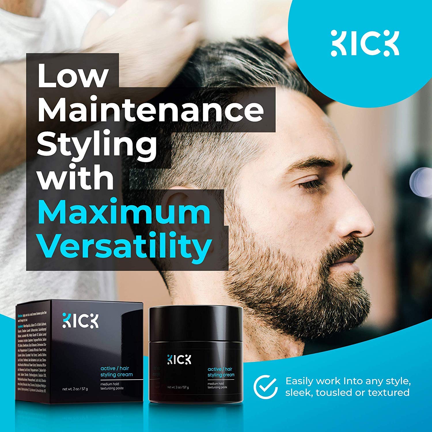 Kick Men's Medium Hold Hair Cream - Non Greasy, Thickening, Damage Control, Anti-Greying, Hydrating - 2 Oz
