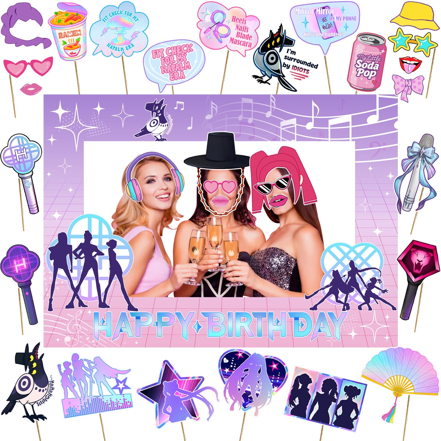 Photo 1 of Singer Birthday Photo Booth Props, 32Pcs Music Photo Booth Props with Frame Pink and Purple Singer Theme Decorations for Fan Birthday Gatherings Event Decoration Party Supplies