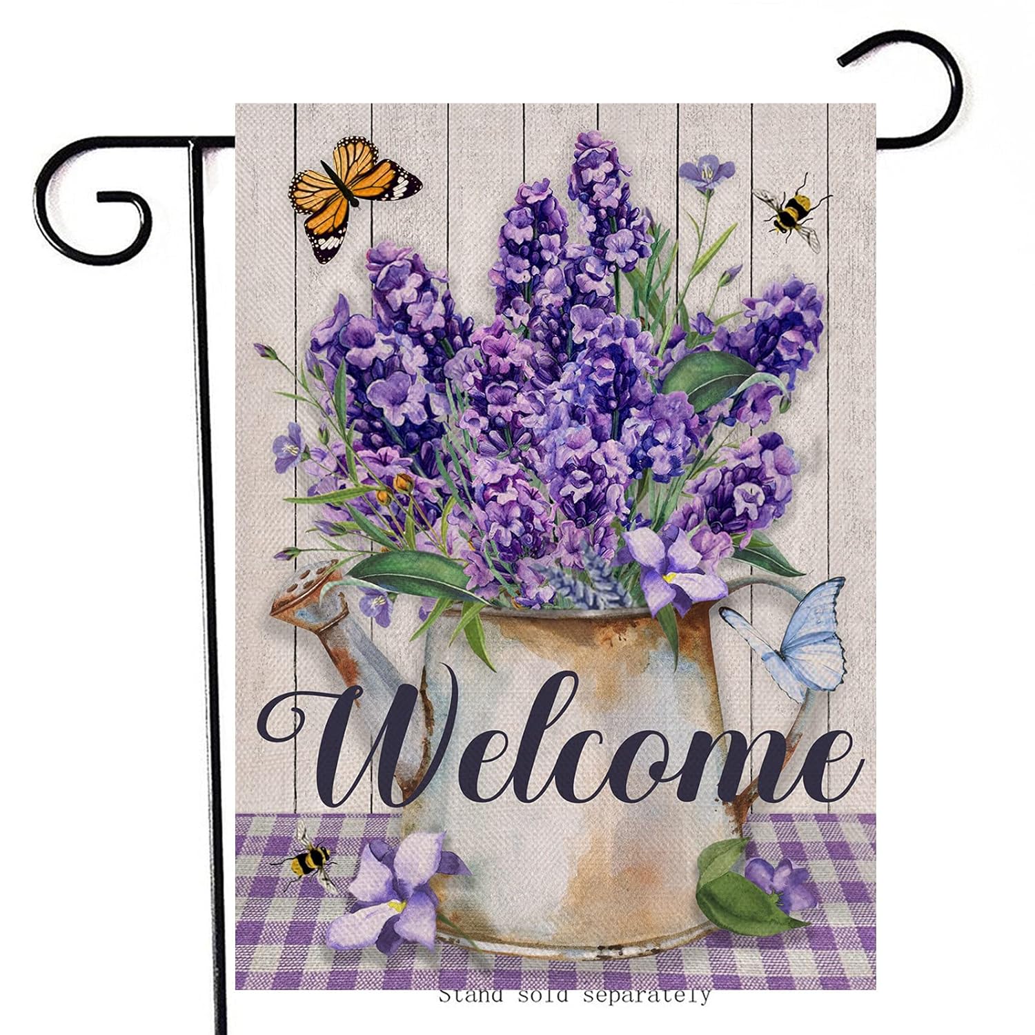 Artofy Welcome Lavender Pot Decorative Garden Flag, House Yard Summer Flower Decor Buffalo Plaid Check Bee Butterfly Outdoor Small Burlap Flag Double Sided, Home Outside Farmhouse Decorations 12 x 18