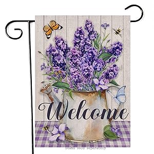 Artofy Welcome Lavender Pot Decorative Garden Flag, House Yard Summer Flower Decor Buffalo Plaid Check Bee Butterfly Outdoor Small Burlap Flag Double Sided, Home Outside Farmhouse Decorations 12 x 18