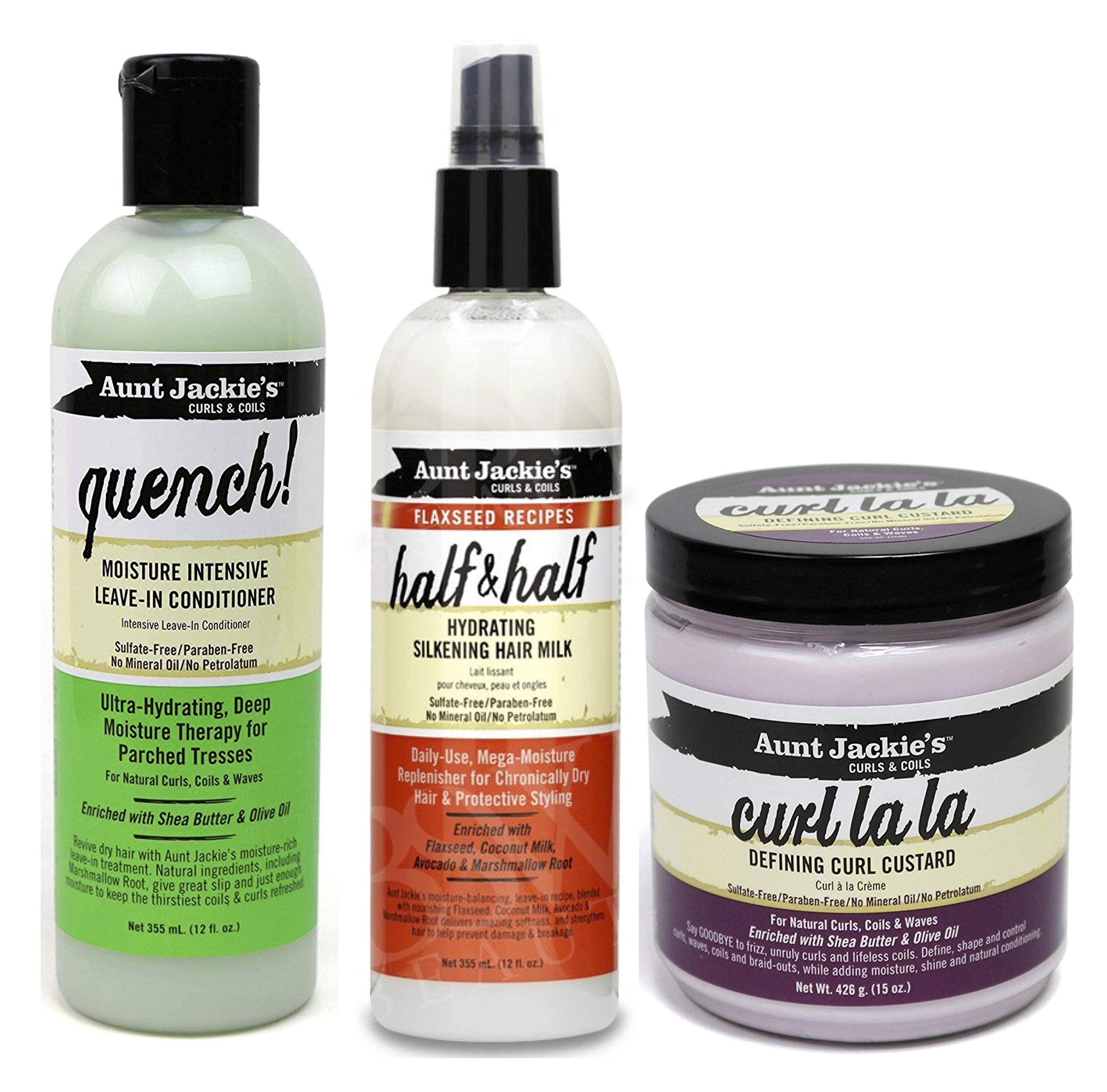 Aunt Jackies Curls & Coils TRIO BUNDLE | Quench Moisture Intensive Leave In Conditioner 355 ml | Curl La la Defining Custard 426g | Half n Half Silkening Milk 355ml
