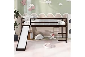 Harper & Bright Designs Kids Low Loft Bed with Slide, Twin Size Wooden Loft Bed Frame, Espresso