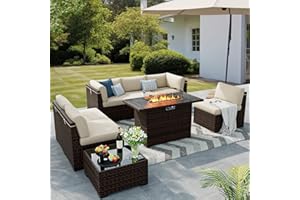 VONZOY 8 Pieces Outdoor Patio Furniture Set with 44" Fire Pit Table Rattan Sectional Conversation Sets w/Gas Fire Pit, Coffee Table, 2 Waterproof Covers, Khaki