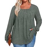 Anymeet Plus Size Tops for Women Long Sleeve Tunic Casual Shirts Square Neck Blouse 1X-5X