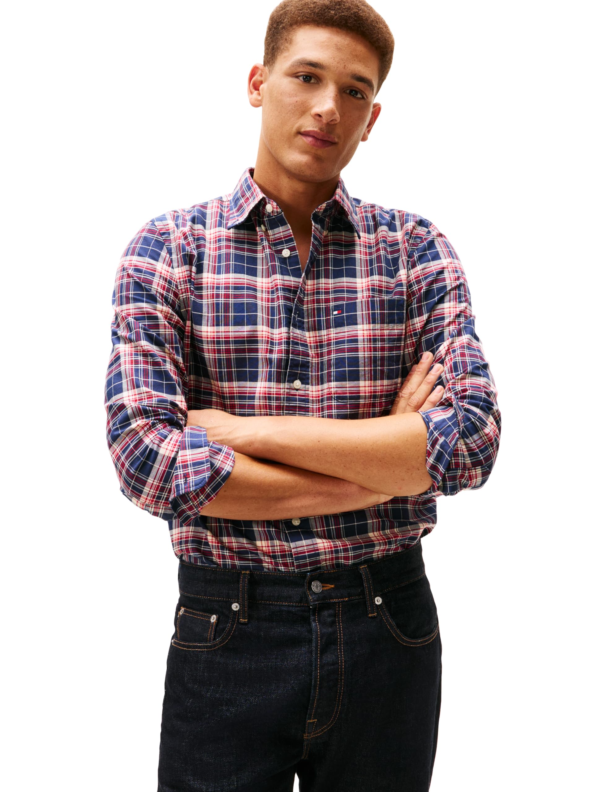 Tommy Hilfiger Men’s Heritage Oxford Plaid Regular Long Sleeve Shirts, Pitch Blue/Check Medium
