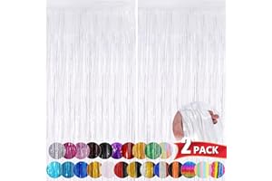 NUWDHP White Metallic Tinsel Foil Fringe Curtains, 2 Pack 3.3x8.3 Feet Streamer Backdrop Curtains for Birthday Party Decorations, Halloween Decor, Foil Curtain Backdrop for Bachelorette Party