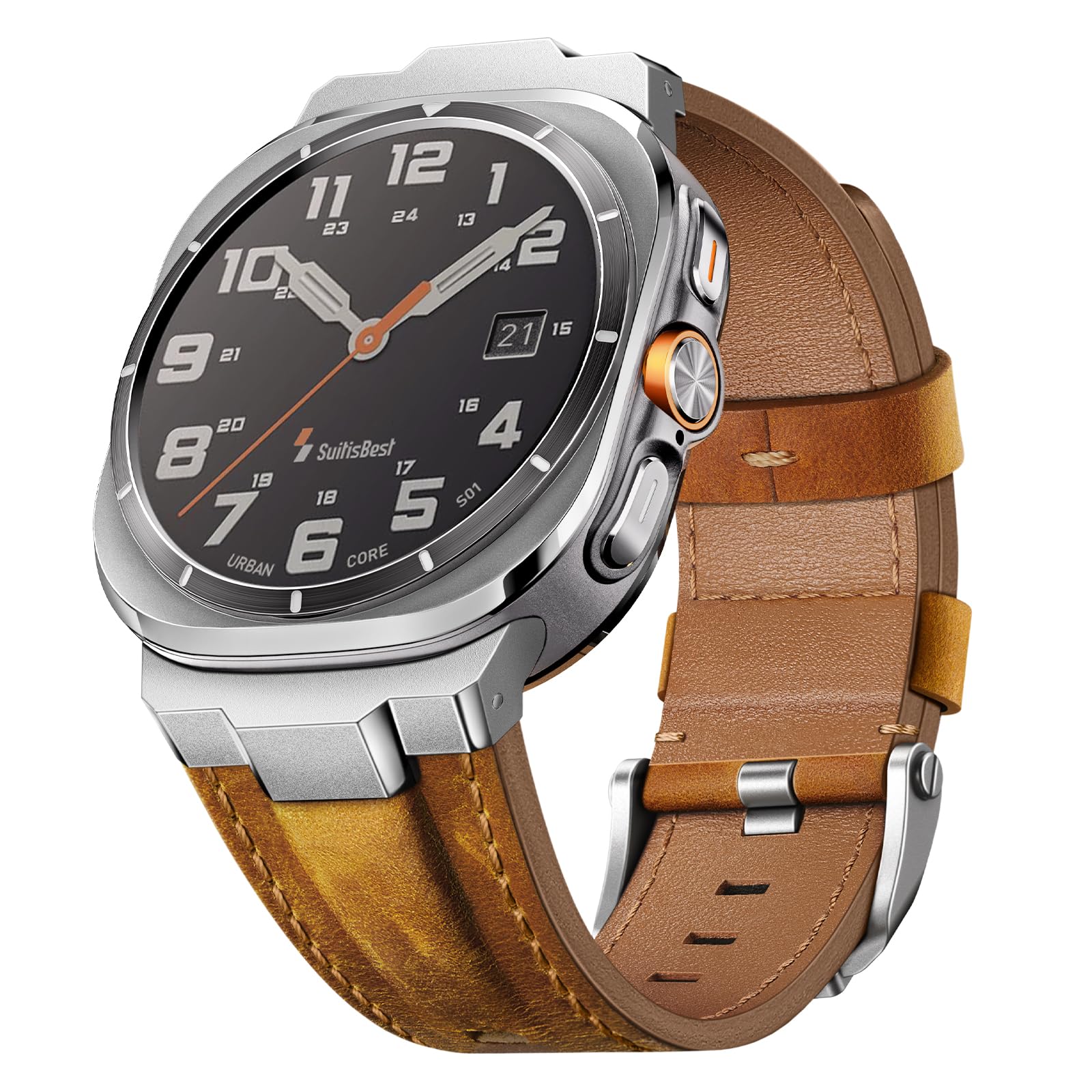 Suitisbest Genuine Leather Band Compatible with Samsung Galaxy Watch Ultra Bands 47mm for 2025 2024, No Gap Designer Rugged Strap with Metal Connectors for Men, Ideal Birthday Gift for Him