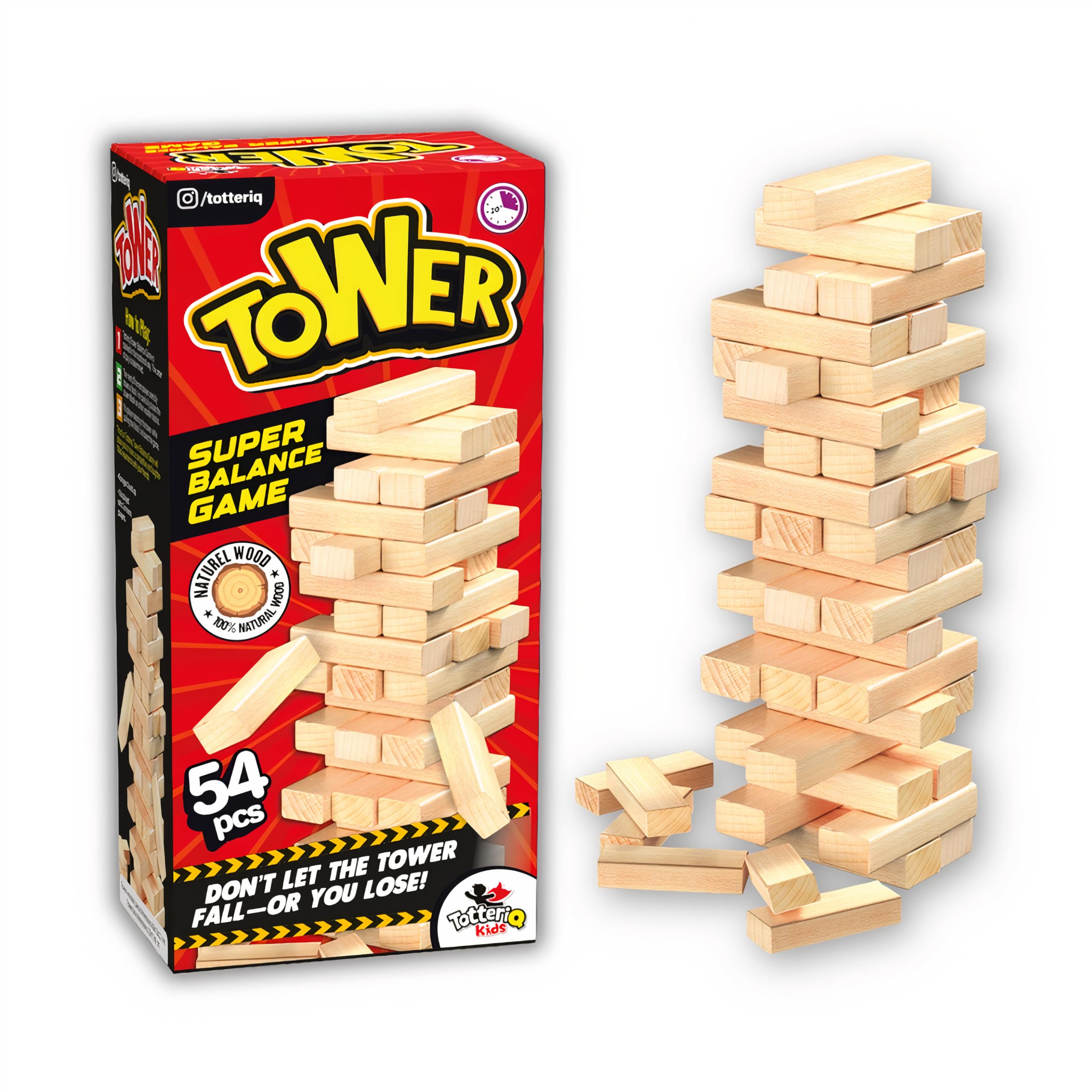 Totteriq Classic Tower Wooden Blocks Tumbling Tower Game – 54-Piece Stacking Game for Kids & Adults – Fun Family Game with Cute Animal Designs – Educational & Interactive Toy for Boys & Girls Ages 3+