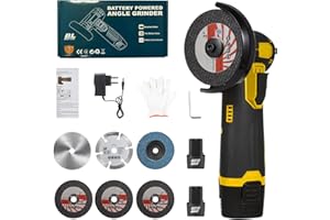 Aumotop Cordless Brushless Angle Grinder Kit, Grinding Disc 3in/76mm, 19500rpm Mini Lightweight Electric Grinding Tool Handheld Cutter with 2 PCS 12V1500mAh Batteries & 6PCS Cutting Discs