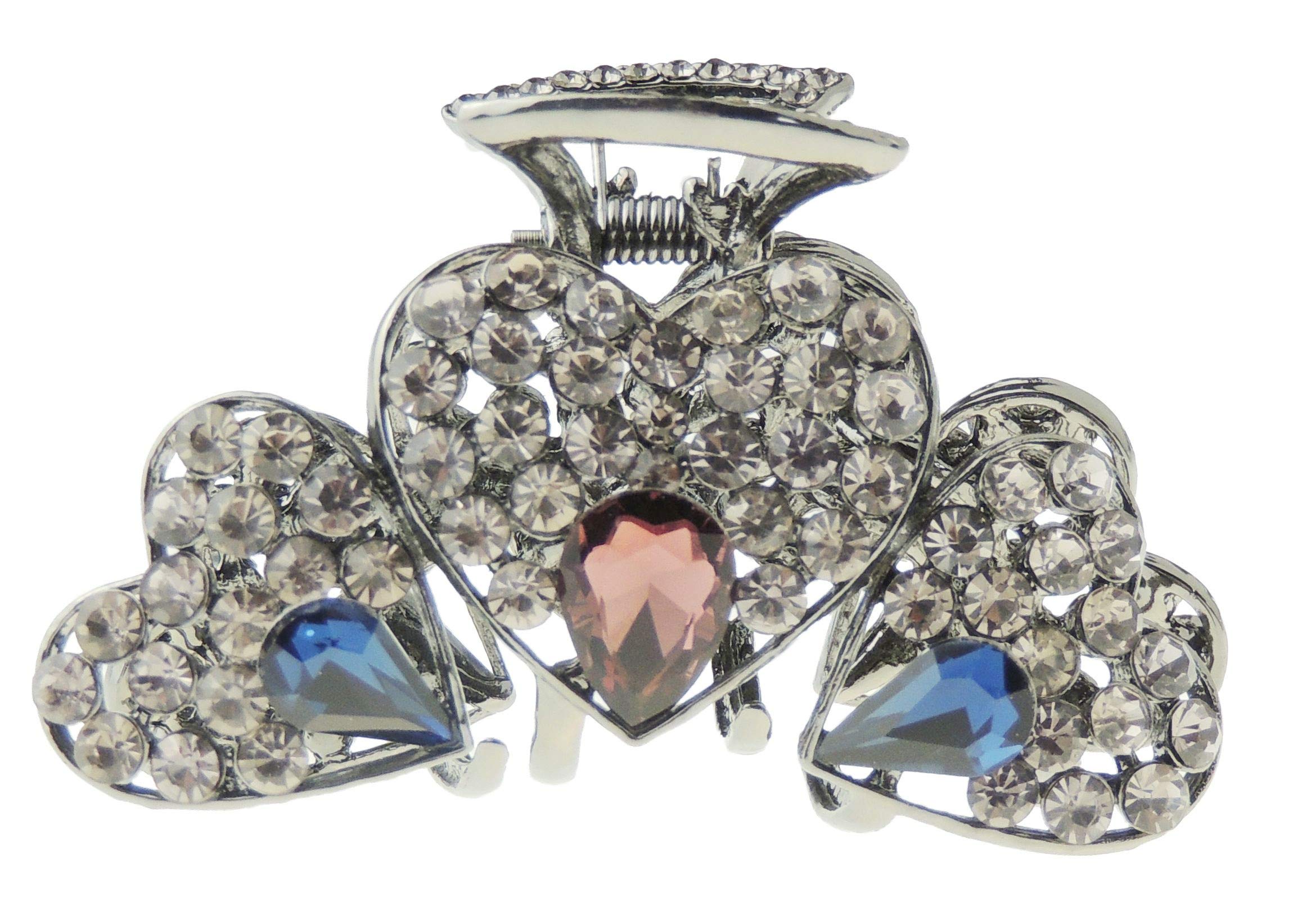 Sparkly Women Girls Thick Curly Long Hair Dark Grey Metal Crystal Diamante Rhinestone Small Hair Gem Wave Clip Octopus Clamp Grip Bridal Wedding Party Claw Hearts (Pink Blue)