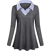 Women's Long Sleeve Contrast Collar Shirt A-line Pleated Office Tunic