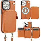 Bocasal for MagSafe Crossbody Wallet Case Compatible with iPhone 15 Pro Max, RFID Blocking Protective Purse Case with Card Slots Holder Kickstand Wrist Strap Lanyard Zipper 6.7 Inch 5G (Brown)