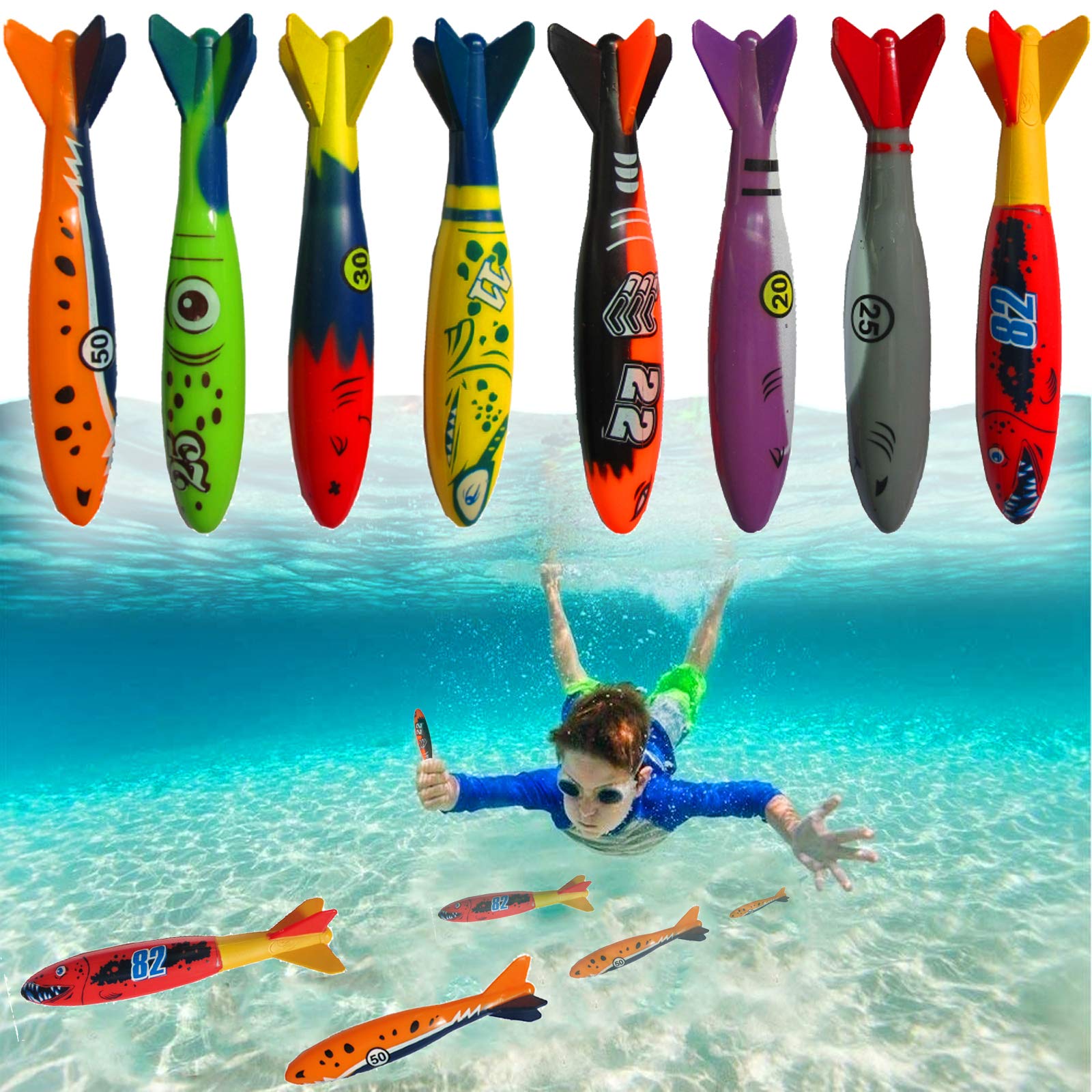 Haktoys Pool Toys Torpedo Diving Set – 8-Pack Dive Torpedos for Kids & Adults | Fast-Sinking Pool Torpedos for Swim Training, Underwater Games & Water Play | Gliding Diving Torpedo Rockets