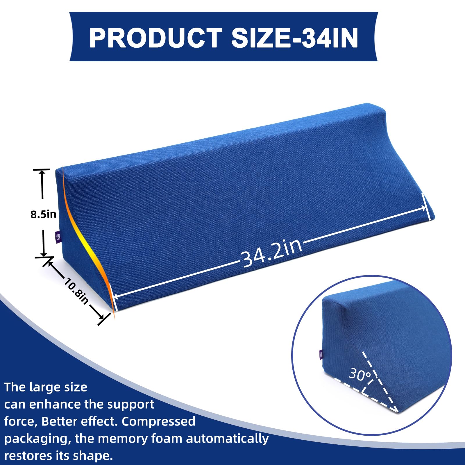 34.2in Bed Wedges & Body Positioners, 30 Degree Wedge Pillow for Side Sleeping/After Surgery, Triangle Foam Bed Wedge Pillow with Blue Machine Washable Cover, for Pregnancy, Back, Leg Pain Relief