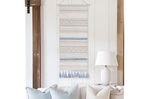 BlissBlush Long Vertical Wall Hanging Tapestry Coastal Blue Woven Boho Farmhouse Décor Tassel Handmade Wall Art Decoration for Bedroom Living Room Dorm Nursery Apartment, 16x39 INCH