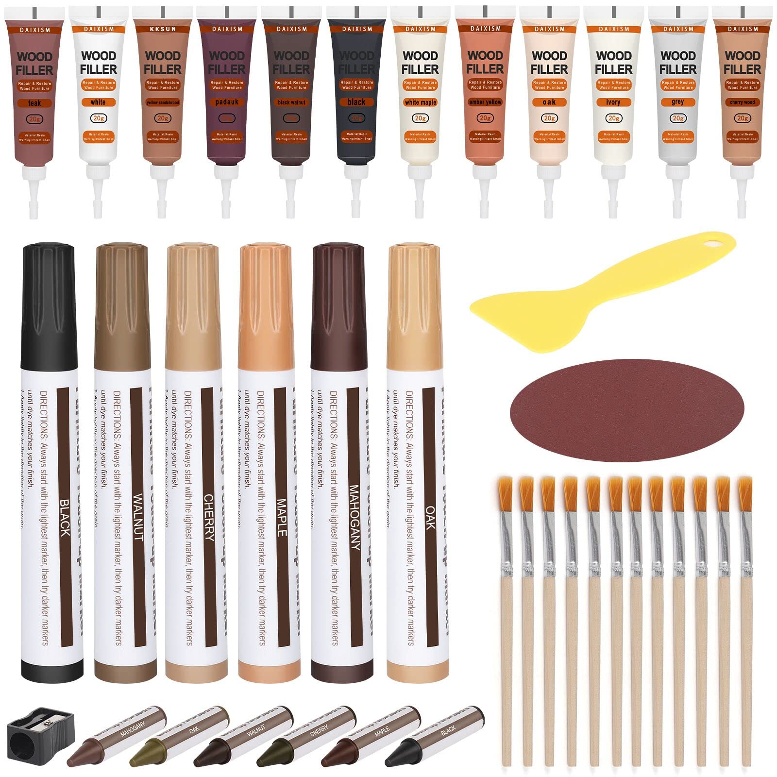 Furniture Repair Kit - Set of 39 - Resin Repair Wood Filler, Brushes, Markers with Plastic Scraper - for Stains, Scratches, Wood Floors, Tables, Desks, Carpenters, Bedposts