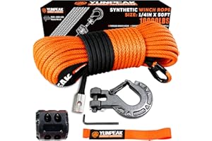 YUNPEAK Synthetic Winch Rope Kit, 1/4" x50 ft 10000LBS Winch Cable Replace Kit, with Protective Sleeve, Heavy Duty Hook, Rubber Stopper, Safety Pull Strap for Off-Road 4x4 Vehicles ATV UTV(Orange)
