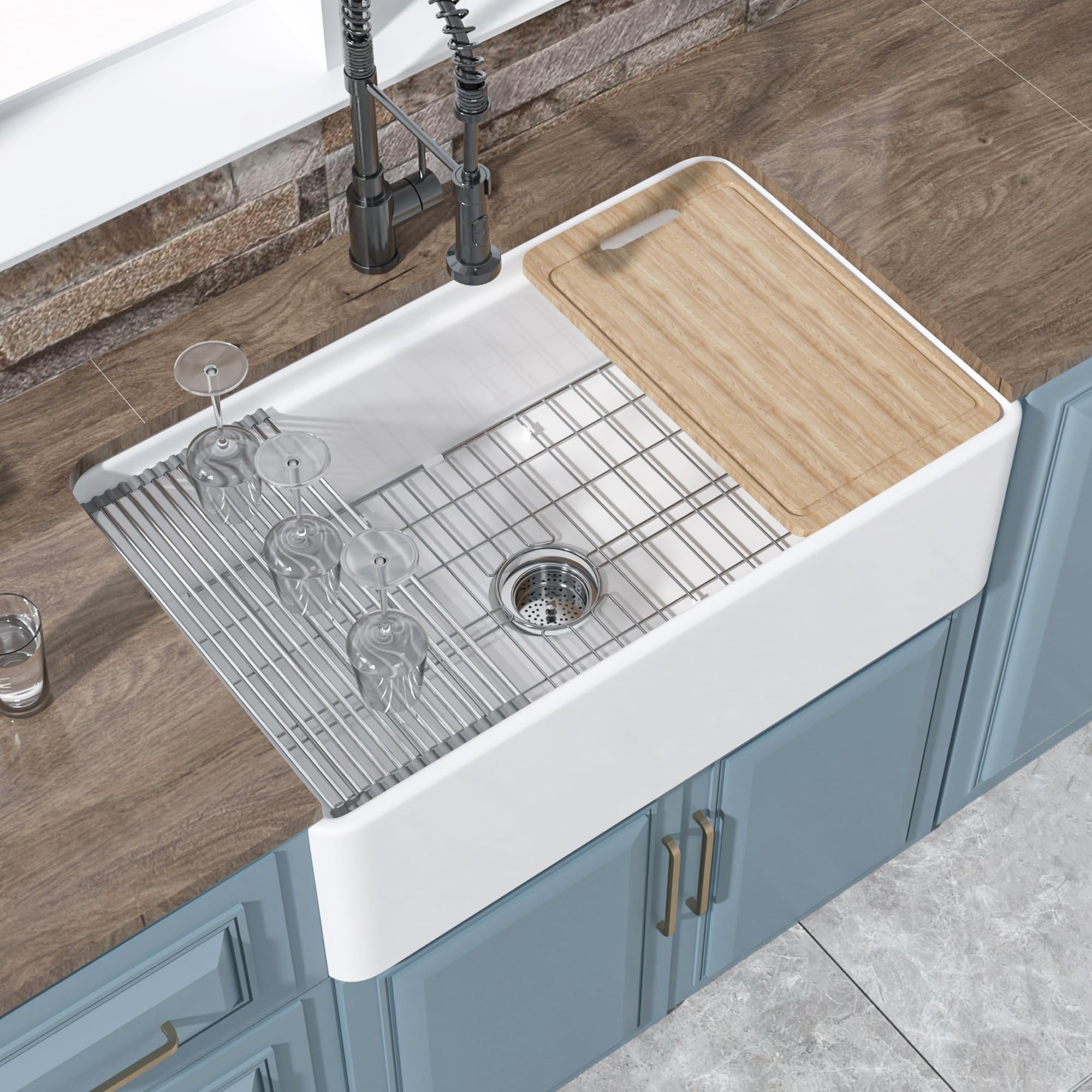 Photo 1 of **FACTORY SEALED** HOMLYLINK White Farmhouse Workstation Sink 33 x 20 Inch, Firecaly Apron Front Undermount Farm Sink, Heavy Duty Deep Single Bowl, w 4 Accessories, Only Sleek Front Usable, White, for Kitchen