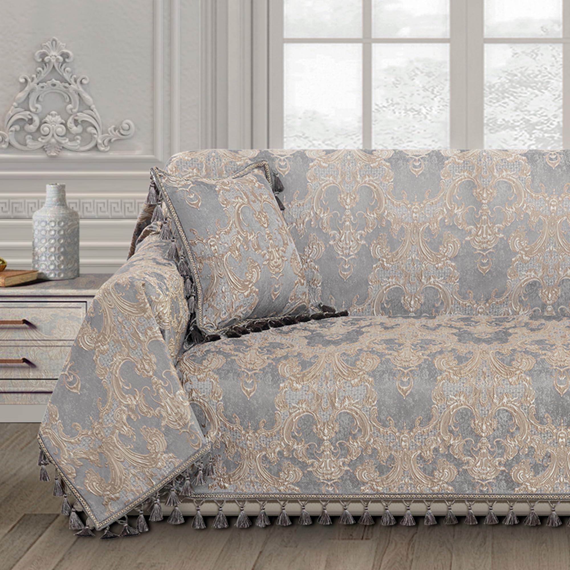 Photo 1 of Loom and Mill Luxury Sofa Covers, Classic Damask Jacquard Thick Chenille Couch Cover Furniture Protector with Lace Edge and Handmade Tassels for Pet, Dogs and Cats (Grey, 71x118 inch)