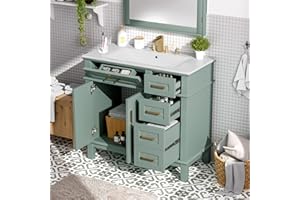 Bathroom Vanity with Ceramic Sink for Small Bathrooms, 36" Freestanding Powder Room Cabinet with Tip-Out Drawer, 2 Door, 3 Dr