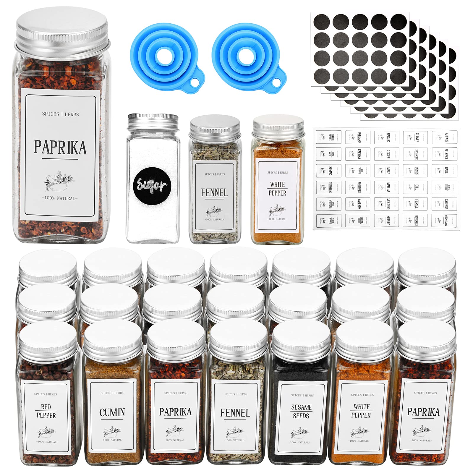 Spice Jars with Lids 25 Pcs, 4oz Square Glass Spice Jars with 150 Labels Shaker Lids 45pcs, 120ml Kitchen Spice Containers with Label Pen, Hose Brush