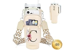 LOKASS Water Bottle Holder with Strap for Stanley Cup 40 oz Tumbler with Handle, Personalized Initial, Water Bottle Carrier Bag with Phone Pocket & Carabiner for Stanley Cup Accessories