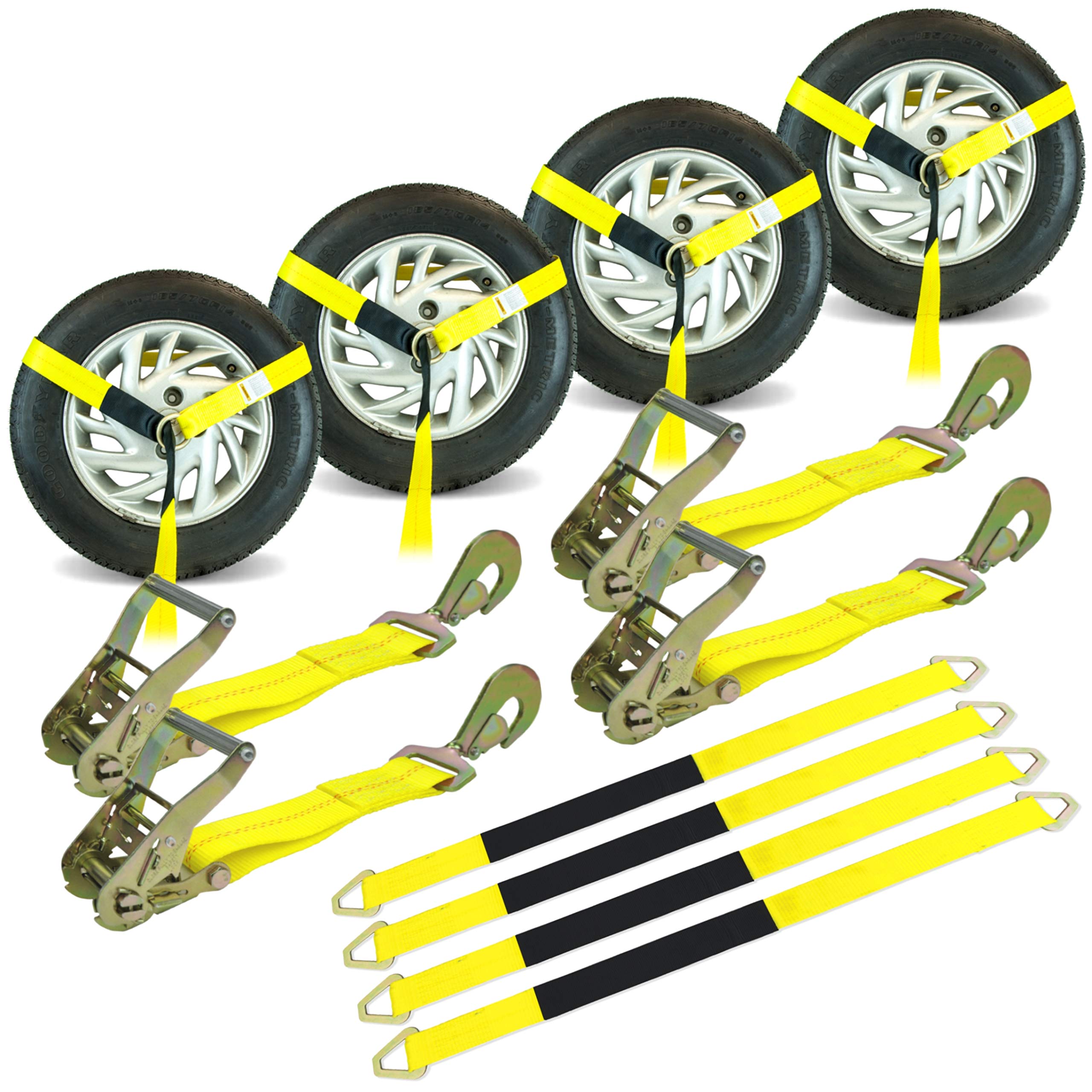 Photo 1 of VULCAN Economy Car Tie Down Kit with 4 Lasso Straps, 4 Snap Hook Ratchets, and 4 Free 36 Inch Axle Straps - 3,300 Pound Safe Working Load