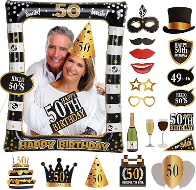 Xndryan 50th Birthday Inflatable Photo Booth Frame & 24 Props - Black Gold