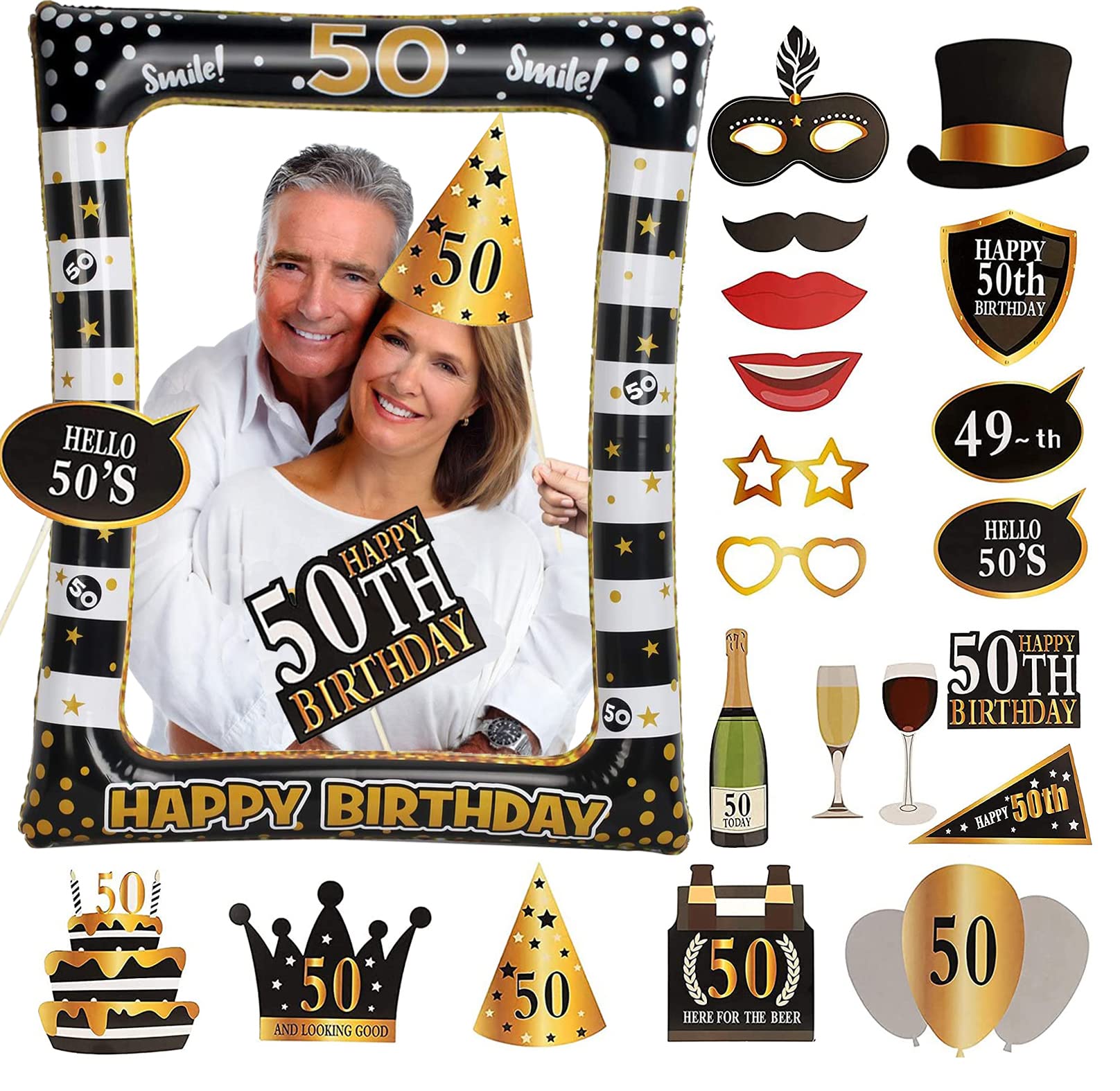 50th Birthday Photo Booth Frame, Inflatable Selfie Frame and 24 Pcs Photo Props - Black Gold Party Supplies for Ladies and Men - Fun Decorations