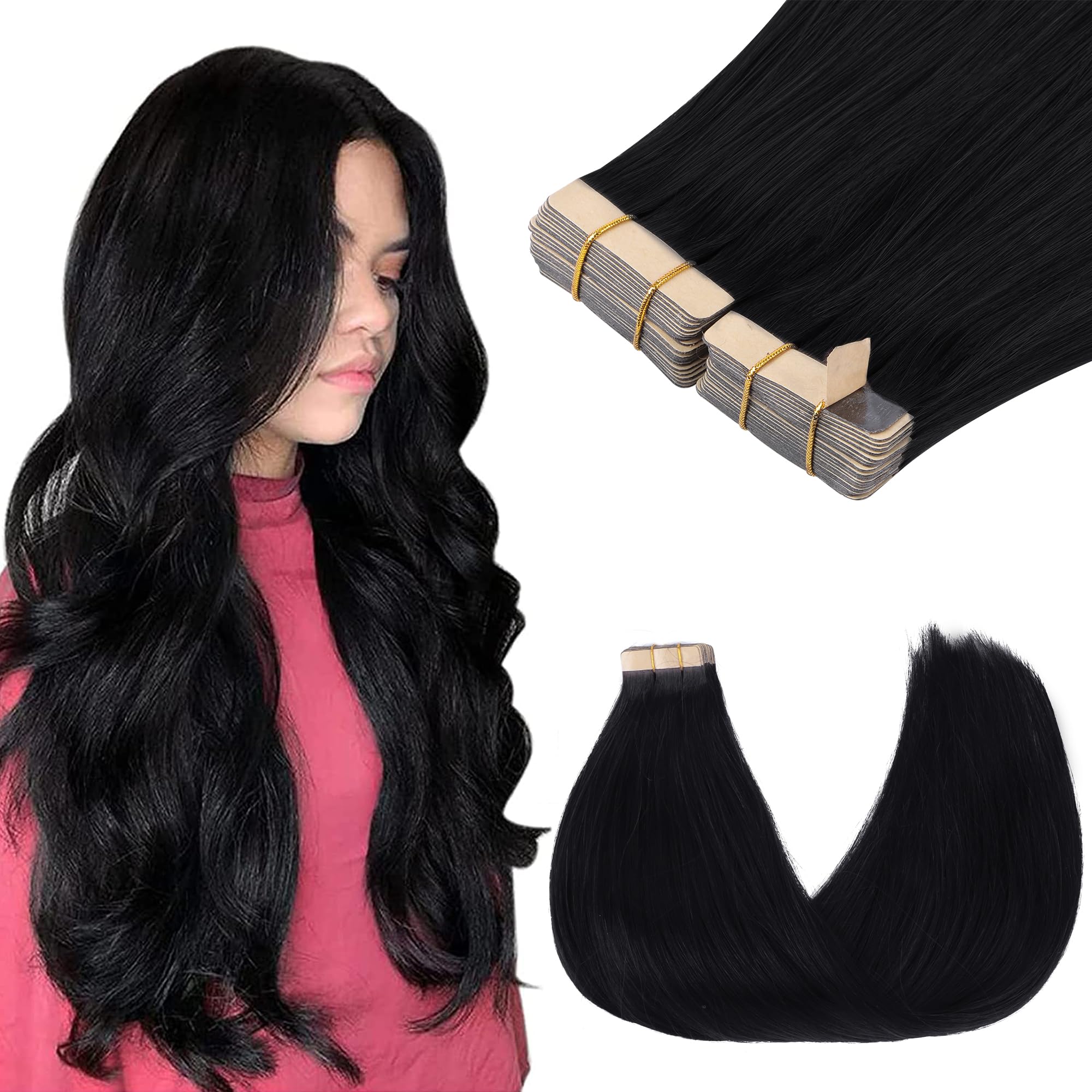 GOO GOO Tape in Hair Extensions human hair, tape Hair Extensions, 20inch 100g 40pcs, Human Hair Extensions, 1 Jet Black — image 1