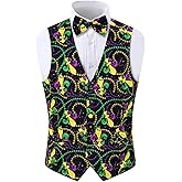 Fashonal 2-Piece Men's Mardi Gras Halloween Vest, Waistcoat Vest & Bow Tie S-3XL
