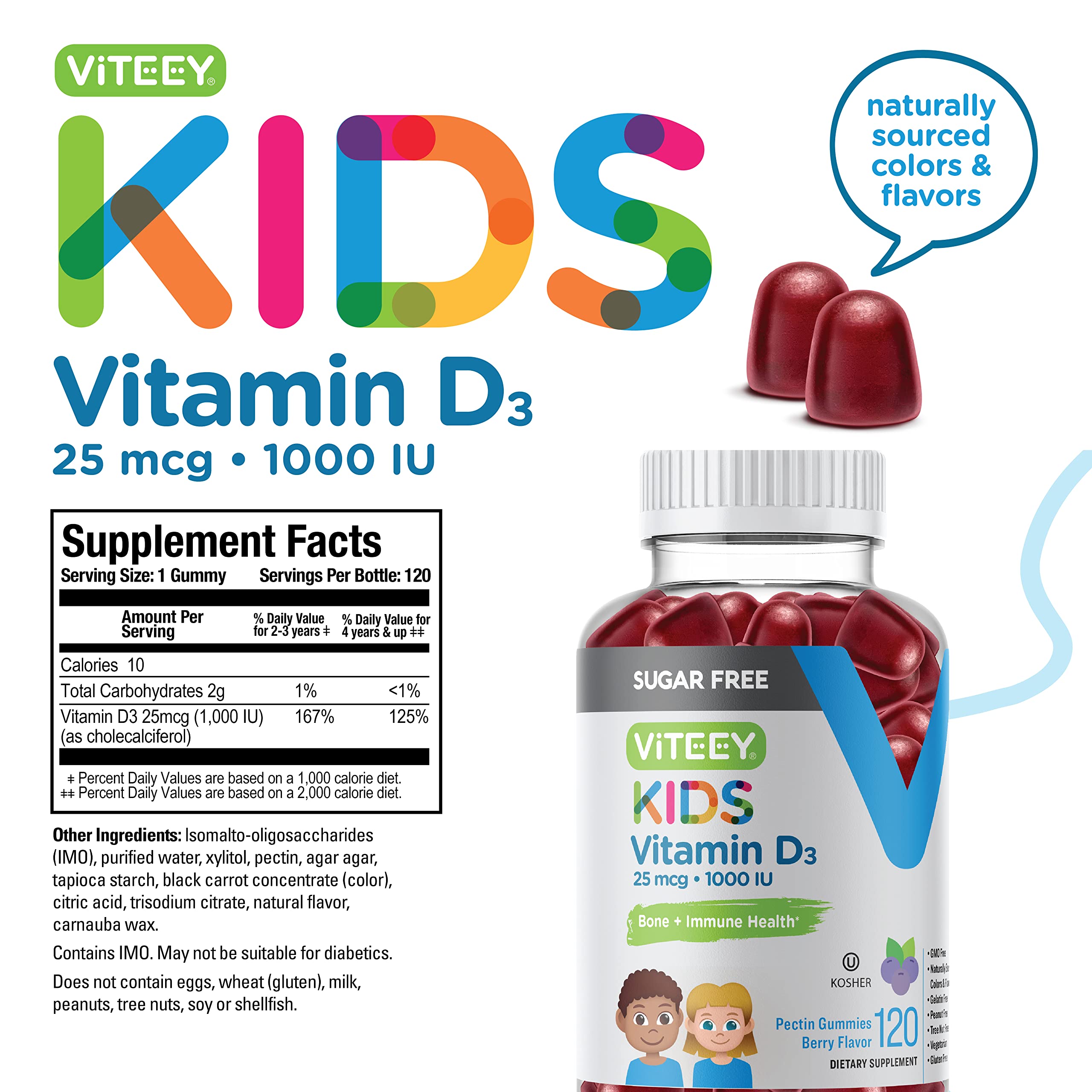 Vtamin D3 Kids Gummies 25mcg 1000 IU - Sugar Free - Bone Health, Immune Health, Joint Muscle Support - Vegetarian, Gelatin Free, Gluten Free, GMO Free - Tasty Chewable Berry Flavored Gummy